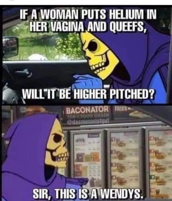 spicy memes - cartoon - If A Woman Puts Helium In Her Vagina And Queefs, Will It Be Higher Pitched? Baconator Fries Top Food Chath Sir, This Is A Wendys.