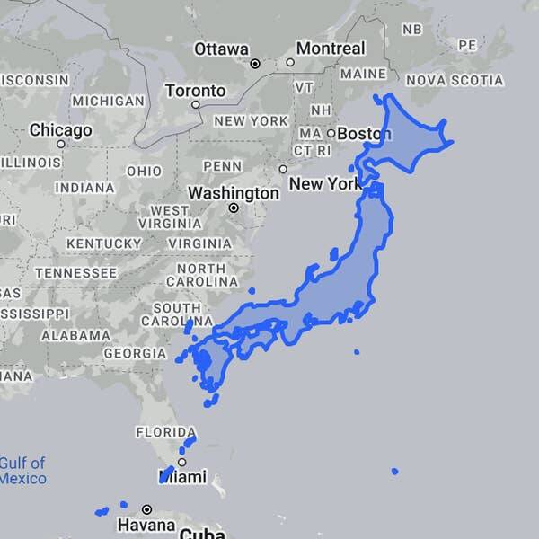 This is how big Japan is compared to the east coast of the United States: