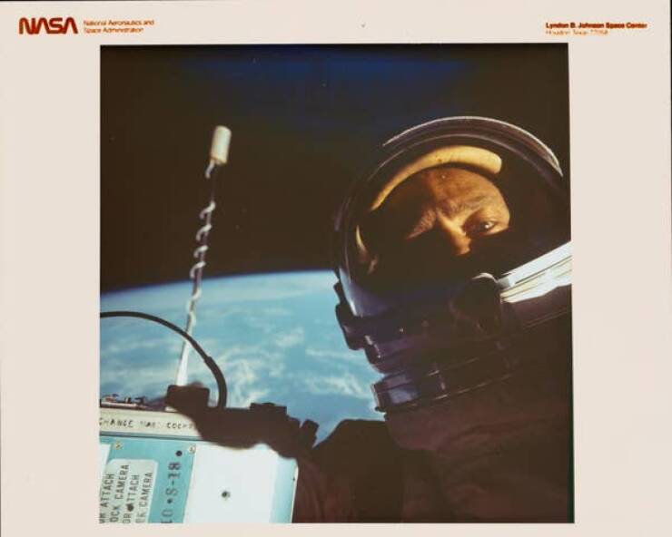 And, finally, this is Buzz Aldrin taking humanity's first "space selfie" while on an EVA spacewalk in 1966: