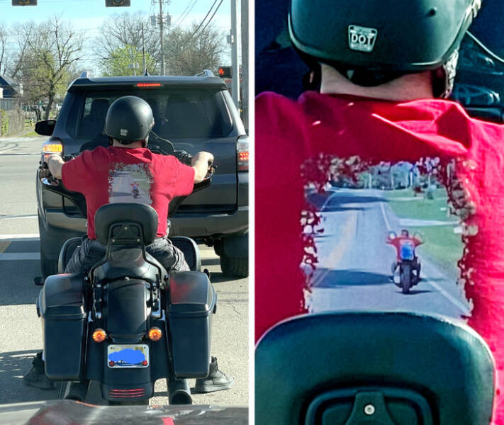 “This guy riding a motorcycle has a shirt of him riding his motorcycle.”