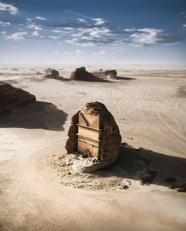 "The tomb of Qasr Al-Farid in a remote part of the Saudi Arabian desert dates from the 1st Century AD and was built by the Nabataean Kingdom, who also built Petra in Jordan. It remains largely unvisited"