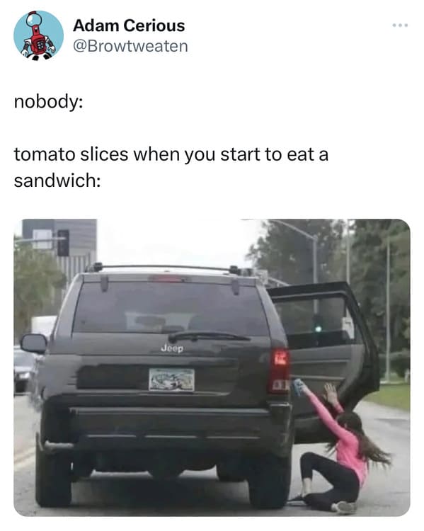 funyn tweets - bumper - Adam Cerious nobody tomato slices when you start to eat a sandwich Jeep 14