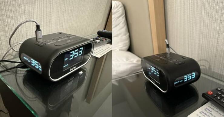 "This hotel alarm clock shows the time on 3 sides"