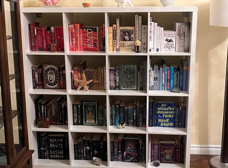 “My friend organized their bookshelf by colour.”