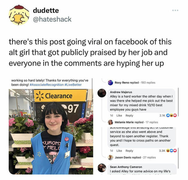 wholesome pics and memes - web page - dudette there's this post going viral on facebook of this alt girl that got publicly praised by her job and everyone in the are hyping her up working so hard lately! Thanks for everything you've been doing! Clearance 