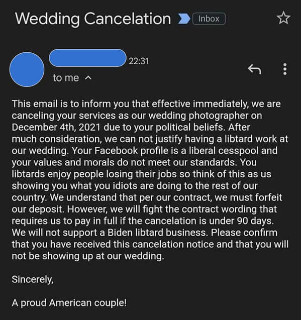 “Couple Cancels On Photographer Within 90 Days Due To Photographer’s Facebook”