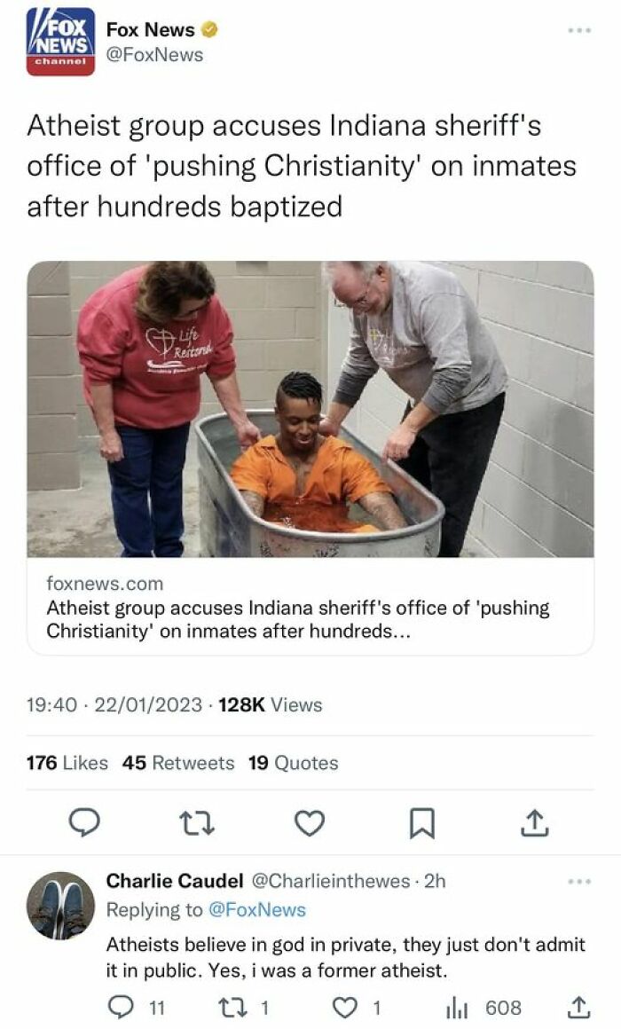 confidently incorrect - media - Fox Fox News News channel Atheist group accuses Indiana sheriff's office of 'pushing Christianity' on inmates after hundreds baptized De ond foxnews.com Atheist group accuses Indiana sheriff's office of 'pushing Christianit