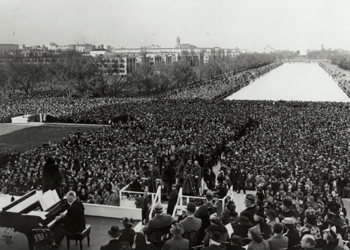 that in 1939, African-American singer Marian Anderson was denied permission to perform at Constitution Hall by the Daughters of the American Revolution. The Hall had a white performers-only policy. Anderson responded by giving an open-air concert on the steps of the Lincoln Memorial.