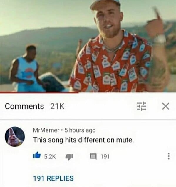 brutal comments - Internet meme - 21K MrMemer 5 hours ago . This song hits different on mute. 191 Replies 191 X