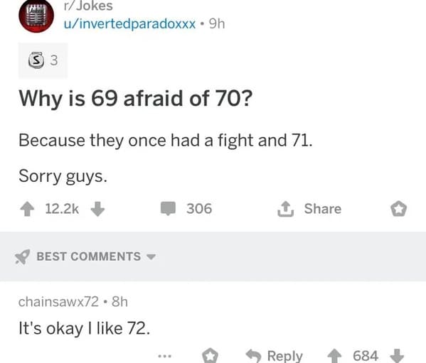 brutal comments - number - m batt S 3 rJokes uinvertedparadoxxx 9h Why is 69 afraid of 70? Because they once had a fight and 71. Sorry guys. Best chainsawx728h It's okay I 72. 306 684