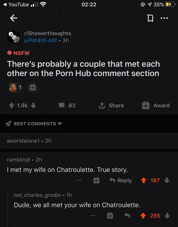 brutal comments - screenshot - YouTube. rShowerthoughts uPot4t000f 3h 1 Nsfw There's probably a couple that met each other on the Porn Hub comment section Best aworldalone1. 2h 83 ramblinjd. 2h I met my wife on Chatroulette. True story. 35% not_charles_gr
