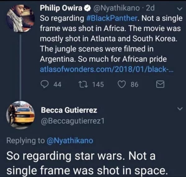 brutal comments - atmosphere - Philip Owira 2d So regarding . Not a single frame was shot in Africa. The movie was mostly shot in Atlanta and South Korea. The jungle scenes were filmed in Argentina. So much for African pride atlasofwonders.com201801black.