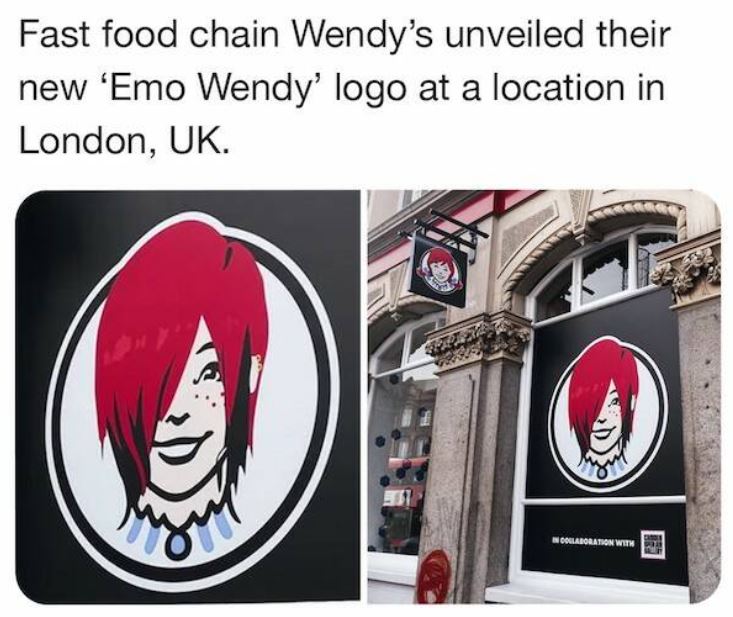 bizarre things that exist - Fast food chain Wendy's unveiled their new 'Emo Wendy' logo at a location in London, Uk. In Collaboration With