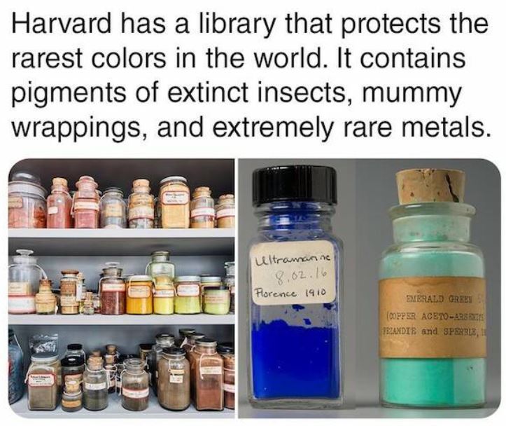 bizarre things that exist - mason jar - Harvard has a library that protects the rarest colors in the world. It contains pigments of extinct insects, mummy wrappings, and extremely rare metals. ultraman ne 8.02.16 Florence 1910 Emerald Green Copper AcetoAr