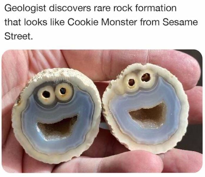 bizarre things that exist - cookie monster thunder egg - Geologist discovers rare rock formation that looks Cookie Monster from Sesame Street.