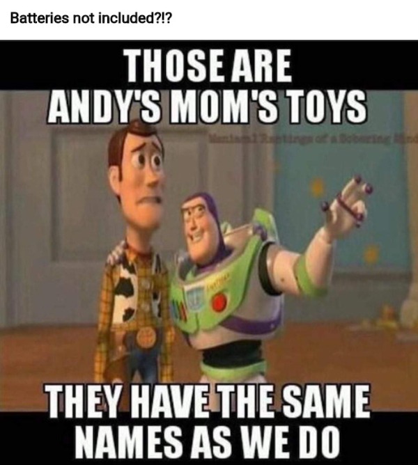 spicy memes and pics - photo caption - Batteries not included?!? Those Are Andy'S Mom'S Toys They Have The Same Names As We Do