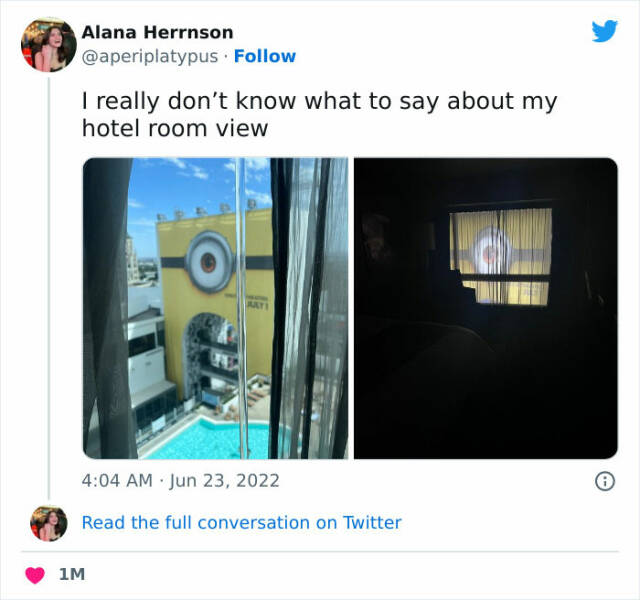 cursed images  - Internet meme - Alana Herrnson . I really don't know what to say about my hotel room view Ofes 1M Aay Read the full conversation on Twitter