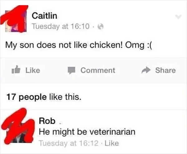 dumb posts - funny - Caitlin Tuesday at My son does not chicken! Omg Comment 17 people this. Rob He might be veterinarian Tuesday at