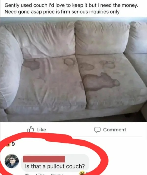 wild pics - lightly squirted - Gently used couch I'd love to keep it but I need the money. Need gone asap price is firm serious inquiries only 9 Is that a pullout couch? 16 Comment