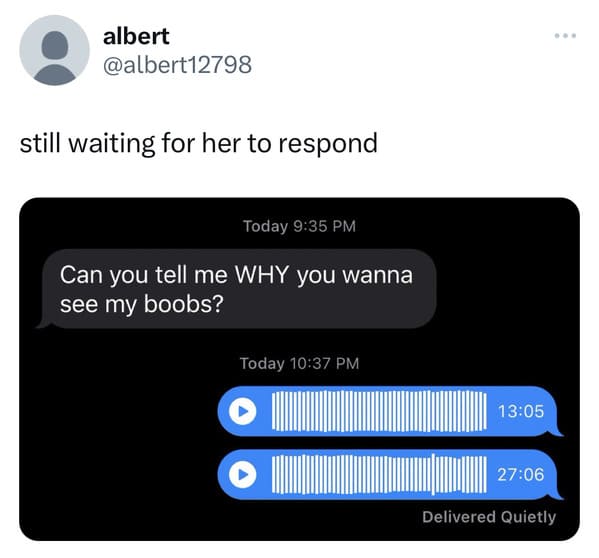 funny tweets - multimedia - albert still waiting for her to respond Today Can you tell me Why you wanna see my boobs? Today Delivered Quietly