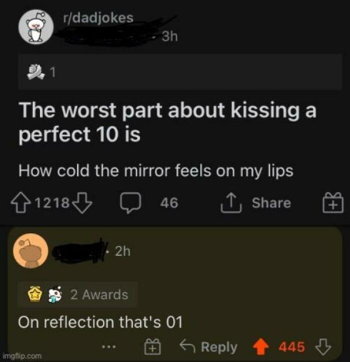 r rare insults - 1 rdadjokes The worst part about kissing a perfect 10 is imgflip.com 3h How cold the mirror feels on my lips 1218 2h 46 2 Awards On reflection that's 01 445