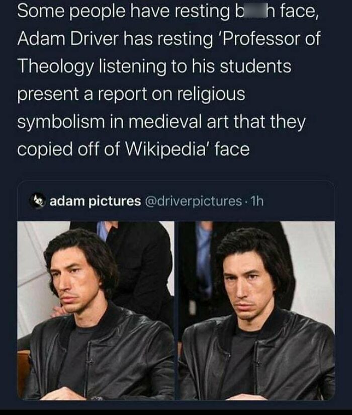 adam driver professor meme - Some people have resting b h face, Adam Driver has resting 'Professor of Theology listening to his students present a report on religious symbolism in medieval art that they copied off of Wikipedia' face adam pictures 1h