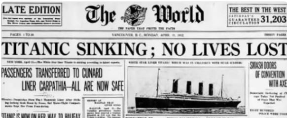 poorly aged posts - titanic newspaper no lives lost - Late Edition Pages Tom The World Paper That Pritt The Fath Vancouver &C. Woday, Apre Passengers Transferred To Cunard Titanic Sinking; No Lives Lost Smash Doors Liner CarpathiaAll Are Now Safe Compen a