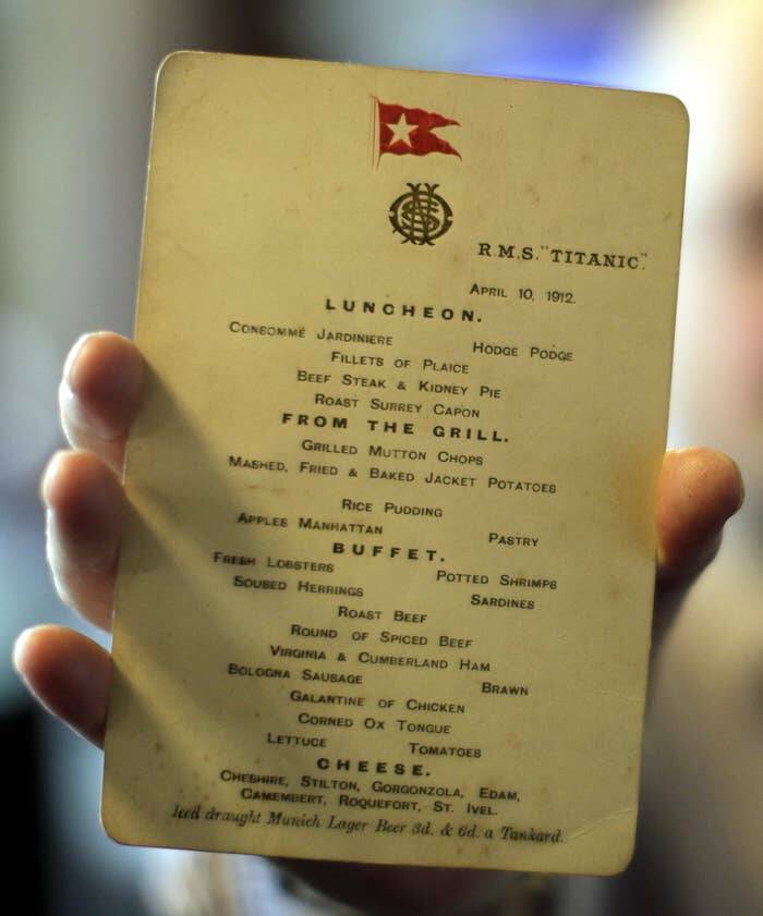 fascinating photos - titanic april 10 1912 menu - Consomme Jardiniere Luncheon. Fillets Of Plaice Beef Steak & Kidney Pie Roast Surrey Capon From The Grill. Apples Manhattan Grilled Mutton Chops Mashed, Fried & Baked Jacket Potatoes Rice Pudding Fresh Lob