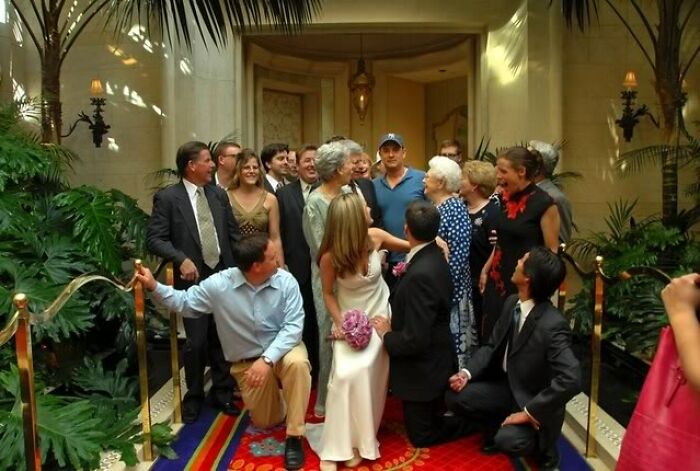 Tom Hanks.

Was at a friends wedding at the Wynn in Las Vegas and were taking pictures in the Atrium (also the VIP Entrance). He emerged from the double doors behind our group and said "Hey! Is this a wedding? Can I be in the pictures?" Everyone was quite [angry] until we realized it was Tom Hanks.

He took pictures with the whole group and was a general all-around great guy.