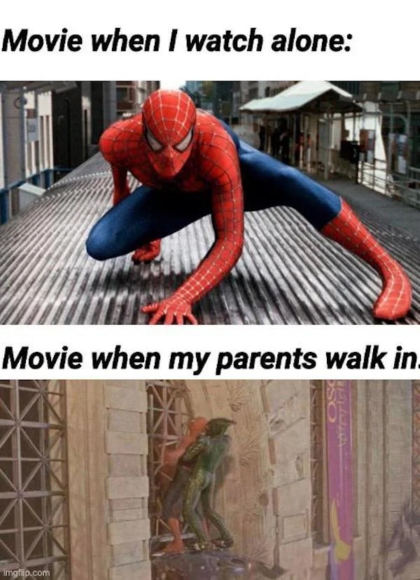 spicy memes - spider man 2 - Movie when I watch alone Movie when my parents walk in. imgflip.com