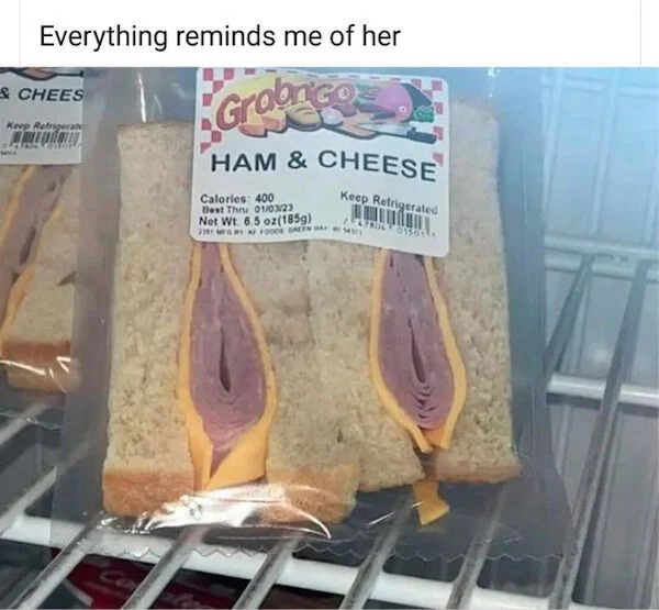 spicy memes - ham and cheese i should call her - Everything reminds me of her Grobnico Ham & Cheese Calories 400 Best Thru 010323 Net Wt. 6.5 oz185g Keep Refrigerated H Fade 81561 23FO004 4 & Chees Keep Refrigerat Me Panto