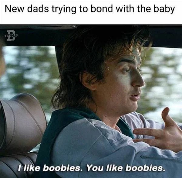 spicy memes - photo caption - New dads trying to bond with the baby L Pa The Dad I boobies. You boobies.