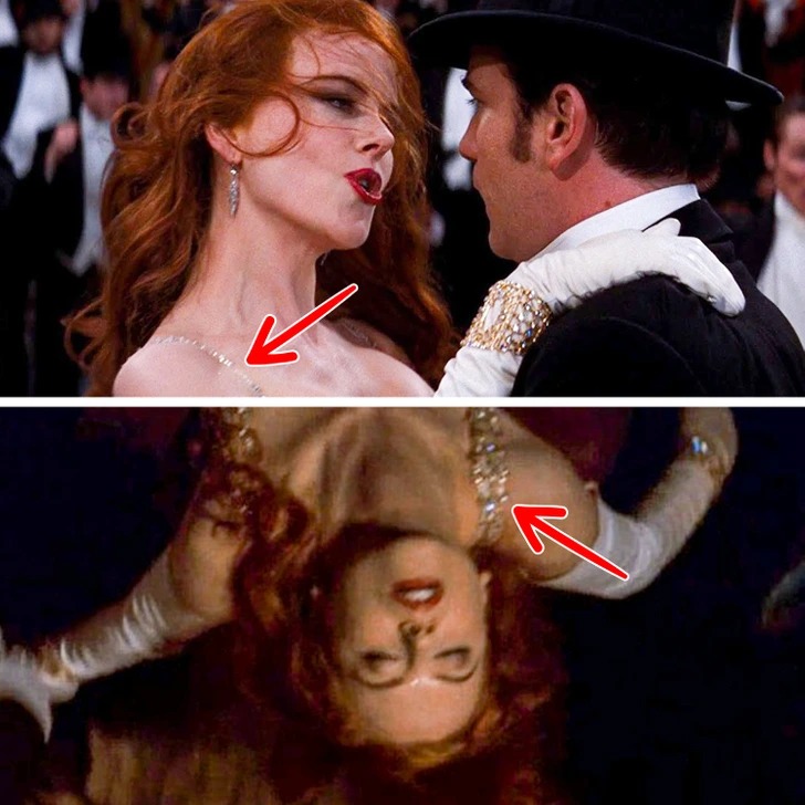 Moulin Rouge! During a particular scene, the thin straps of Nicole Kidman’s dress are briefly replaced by wider straps for a few seconds.
