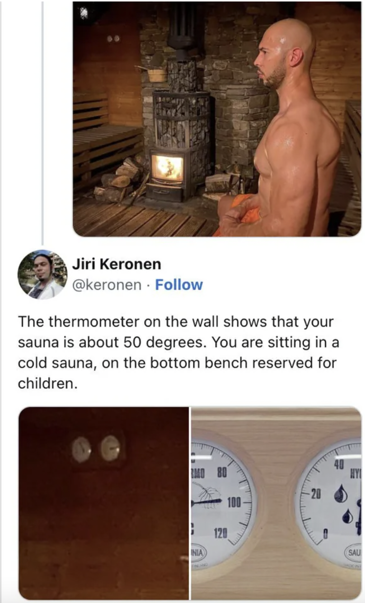 facepalms and fails - very finnish problems andrew tate - Jiri Keronen . The thermometer on the wall shows that your sauna is about 50 degrees. You are sitting in a cold sauna, on the bottom bench children. reserved for 120 Tit 100