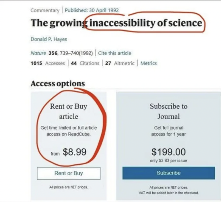 facepalms and fails - growing inaccessibility of science meme - Commentary | Published The growing inaccessibility of science Donald P. Hayes Nature 356, 7397401992 Cite this article 1015 Accesses 44 Citations | 27 Altmetric | Metrics Access options Rent 