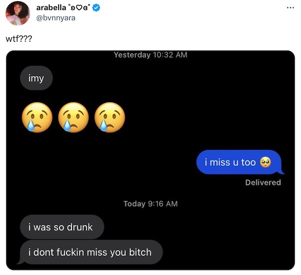 funny tweets - multimedia - wtf??? arabella >c imy i was so drunk Yesterday Today i dont fuckin miss you bitch i miss u too Delivered ...