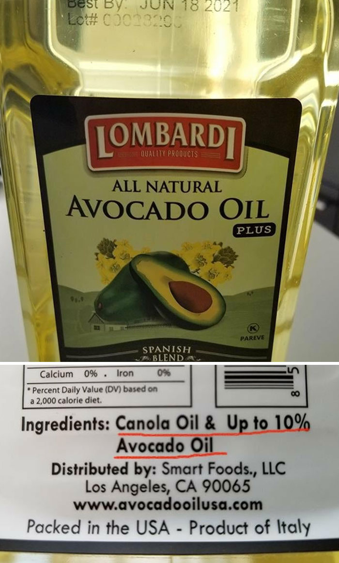 companies using scummy tactics - Best By. Lot# 00013200 Lombardi Quality Products All Natural Avocado Oil Plus 96.9 Spanish Blend. 0% Calcium 0%. Iron Percent Daily Value Dv based on a 2,000 calorie diet. Pareve Ingredients Canola Oil & Up to 10% Avocado 