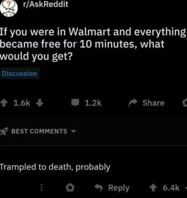 savage comments and funny replies - best year of my life quotes - rAskReddit If you were in Walmart and everything became free for 10 minutes, what would you get? Discussion Best Trampled to death, probably