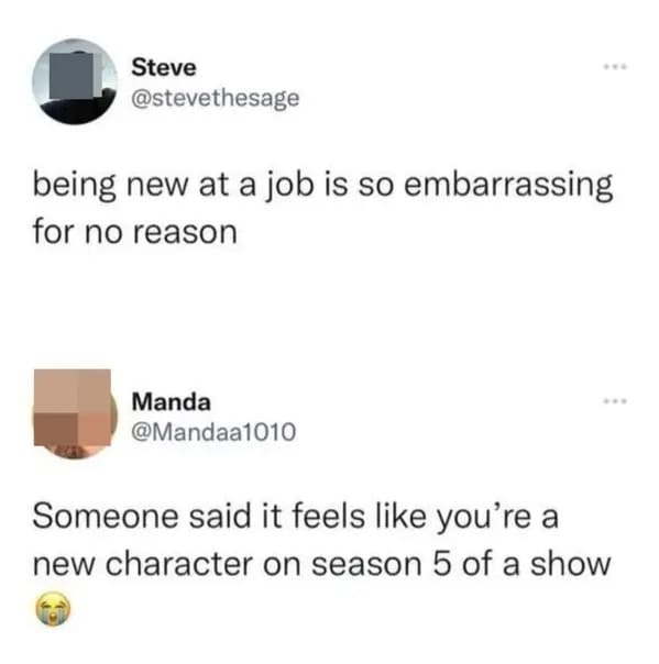 savage comments and funny replies - being new at a job is embarrassing - Steve being new at a job is so embarrassing for no reason Manda Someone said it feels you're a new character on season 5 of a show