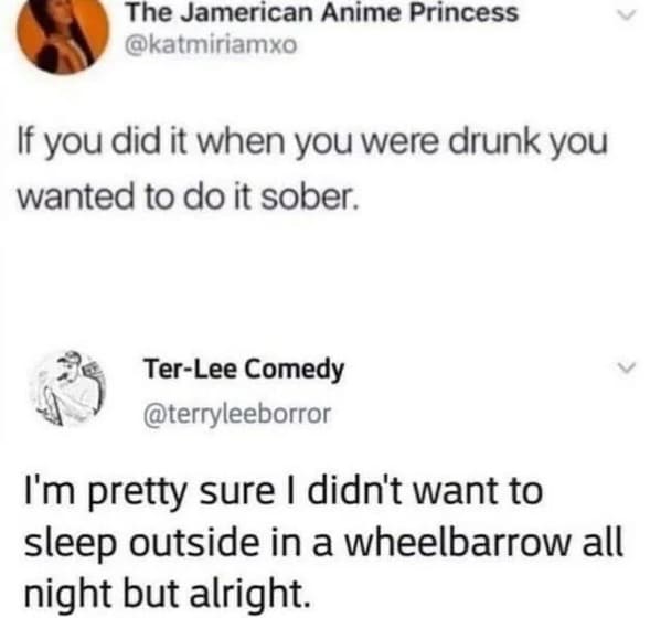 savage comments and funny replies - if you did it drunk you wanted - The Jamerican Anime Princess If you did it when you were drunk you wanted to do it sober. TerLee Comedy I'm pretty sure I didn't want to sleep outside in a wheelbarrow all night but alri