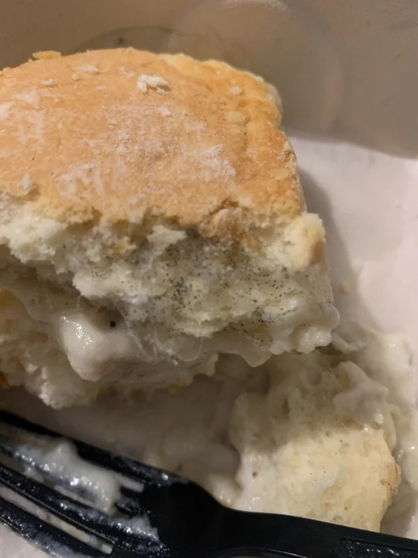 “Craving biscuits and gravy this morning. Ordered some from my favorite breakfast diner. Got half way through and was tasting something off, some weird background flavor. Turned the biscuit over and saw this. I’m never eating again.”