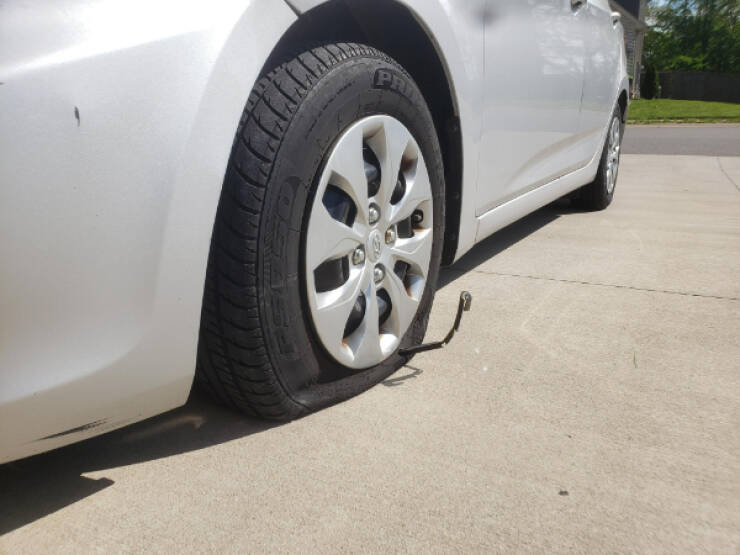 “Was mowing some tall grass when I ran over something metal and speared my car’s tire.”