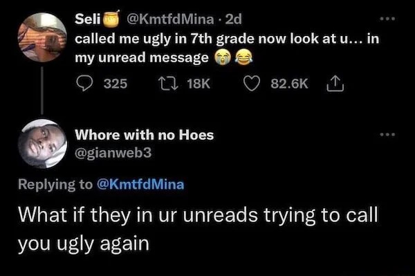funny internet comments and replies - atmosphere - Seli 2d called me ugly in 7th grade now look at u... in my unread message Whore with no Hoes What if they in ur unreads trying to call you ugly again