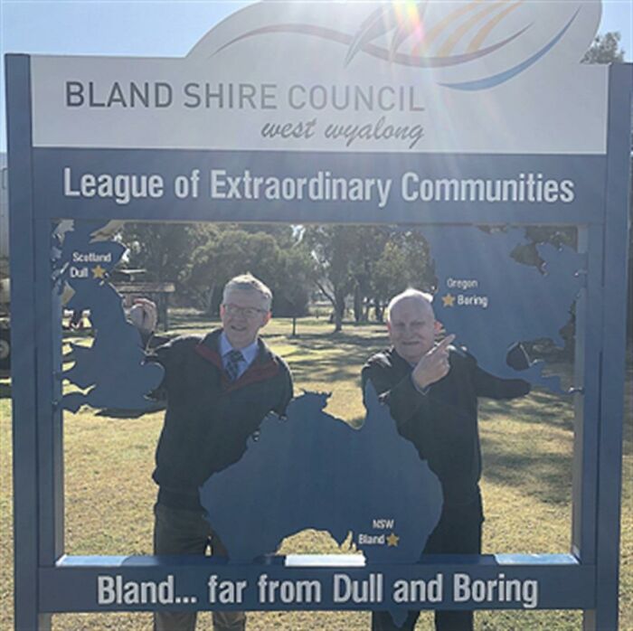 I learned that the the town of Boring (Oregon, US) established relationship with village of Dull (Scotland, UK) in 2012; the following year they were joined with the Shire of Bland (New South Wales, AU) to form the League of Extraordinary Communities.