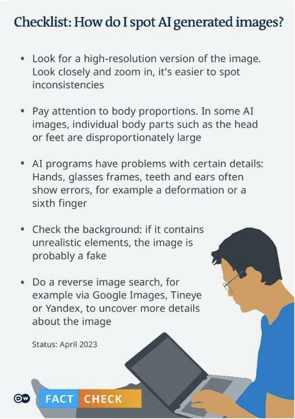 interesting infographics and charts -  education - Checklist How do I spot Al generated images? Look for a highresolution version of the image. Look closely and zoom in, it's easier to spot inconsistencies Pay attention to body proportions. In some Ai ima
