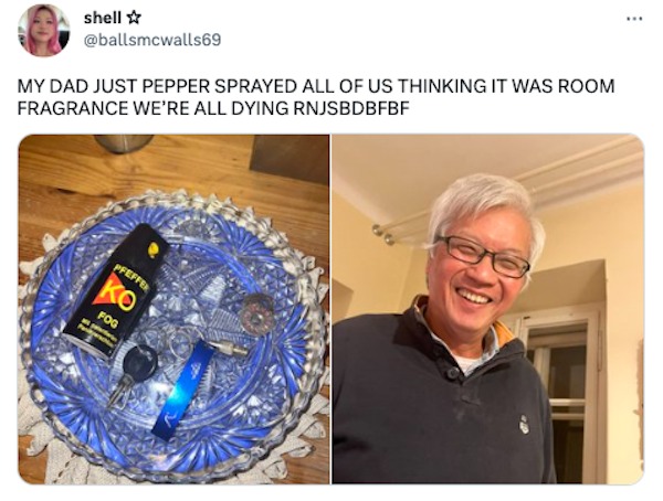 funny tweets - communication - shell My Dad Just Pepper Sprayed All Of Us Thinking It Was Room Fragrance We'Re All Dying Rnjsbdbfbf Pfeffer Ko Fog
