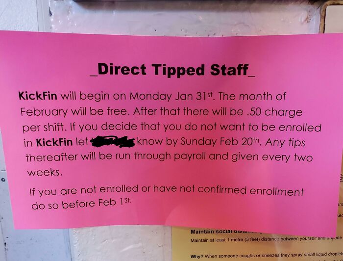 notes written by bad bosses - banner - r Direct Tipped Staff_ KickFin will begin on Monday Jan 31st. The month of February will be free. After that there will be .50 charge per shift. If you decide that you do not want to be enrolled in KickFin let know b