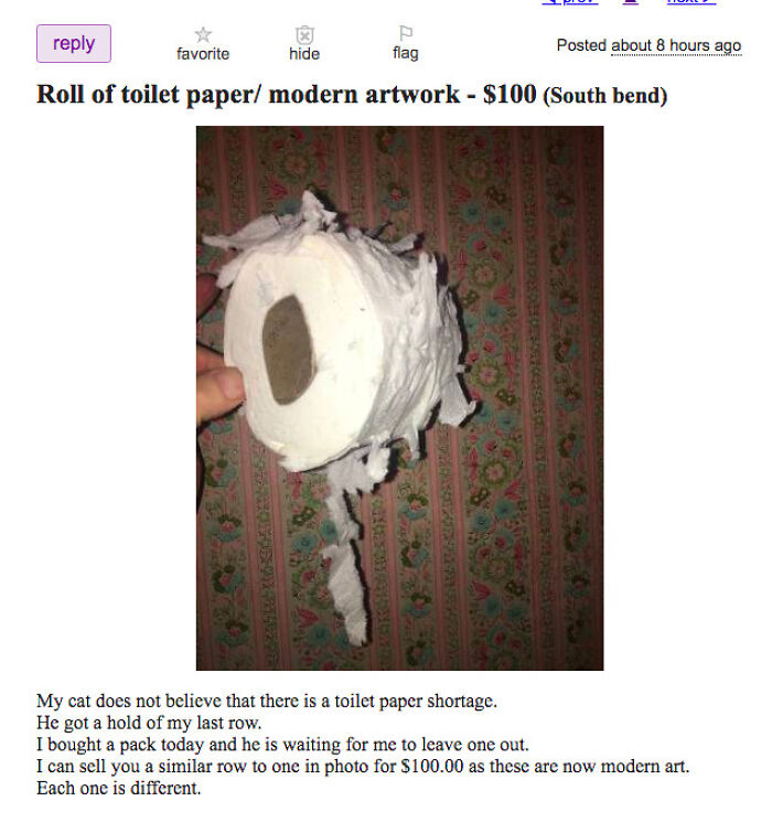 wtf craigslist and facebook posts - P favorite hide flag Roll of toilet paper modern artwork $100 South bend 4036 Posted about 8 hours ago My cat does not believe that there is a toilet paper shortage. He got a hold of my last row. I bought a pack today a