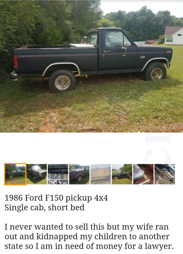 wtf craigslist and facebook posts - tire - 1986 Ford F150 pickup 4x4 Single cab, short bed Fido I never wanted to sell this but my wife ran out and kidnapped my children to another state so I am in need of money for a lawyer.