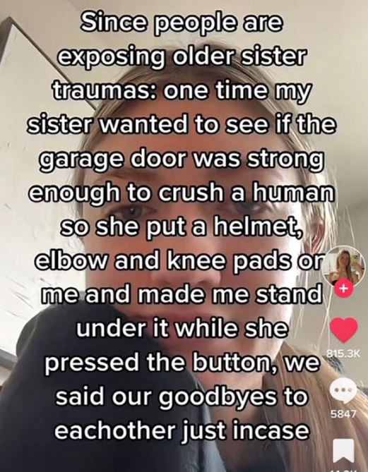wild tiktok screenshots - lauren faust - Since people are exposing older sister traumas one time my sister wanted to see if the garage door was strong enough to crush a human so she put a helmet, elbow and knee pads or me and made me stand under it while 